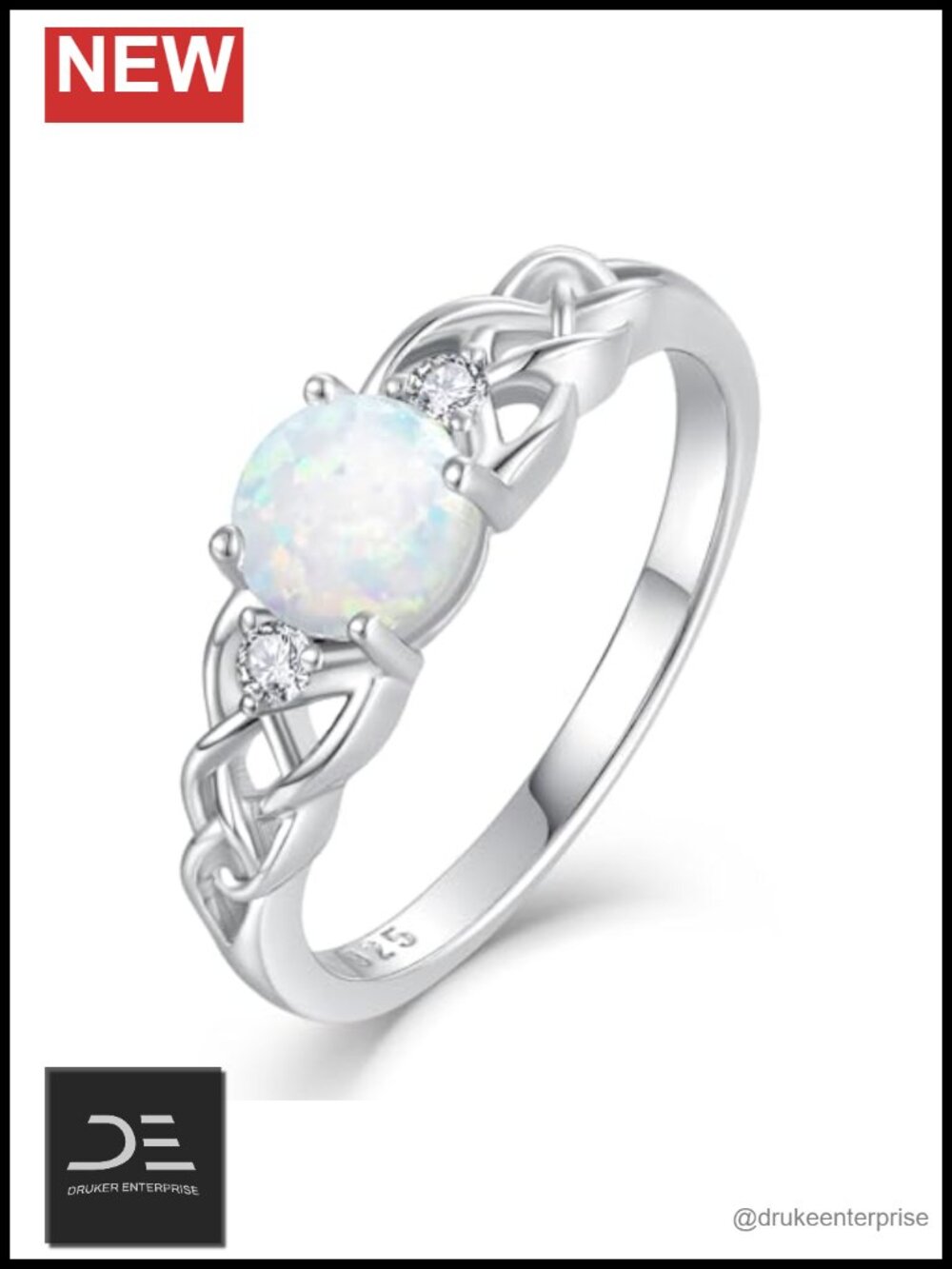 925 Sterling Silver Celtic Knot Ring 3-Stone Promise Ring Opal CZ